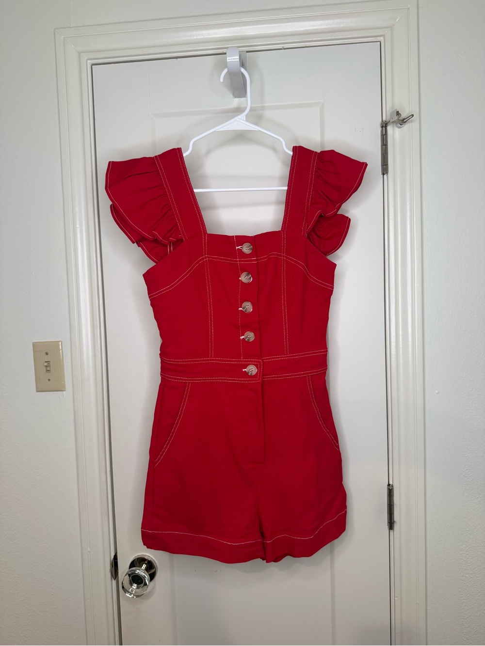 Girls Red Button-Front Ruffle-Strap Romper